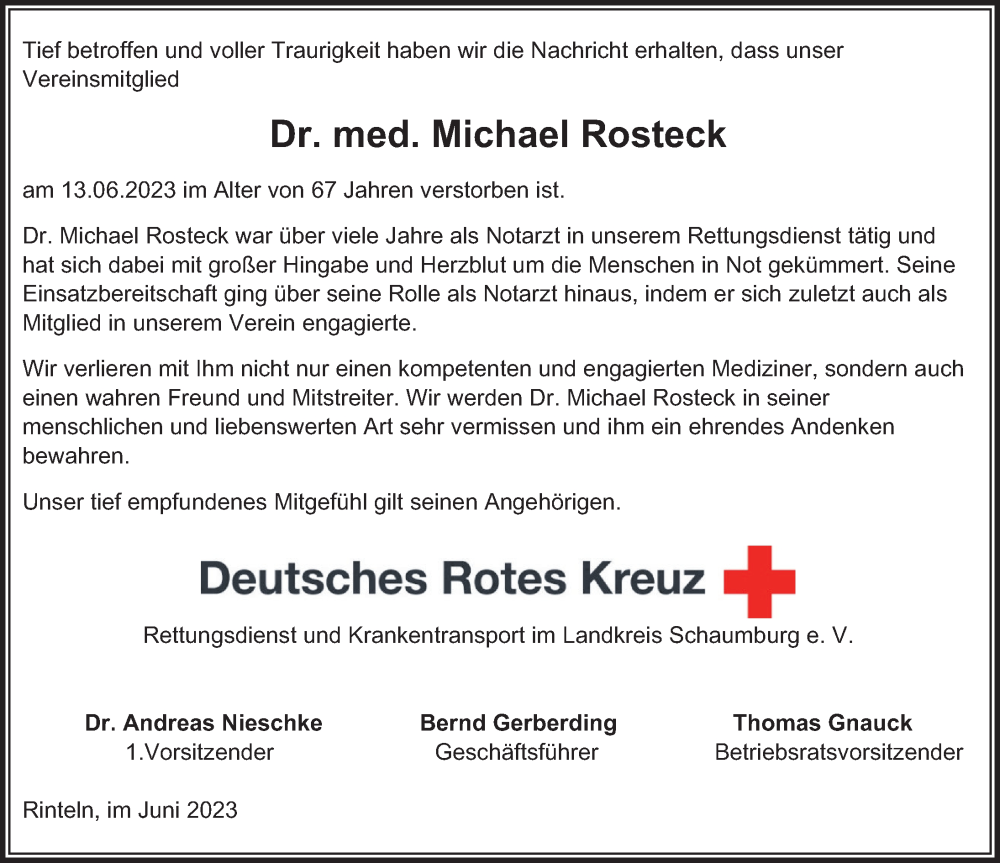  Traueranzeige für Michael Rosteck vom 24.06.2023 aus Deister- und Weserzeitung