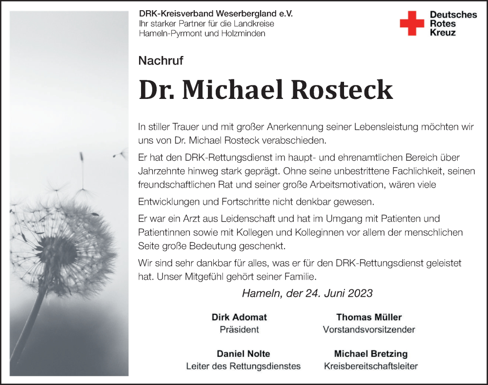  Traueranzeige für Michael Rosteck vom 24.06.2023 aus Deister- und Weserzeitung