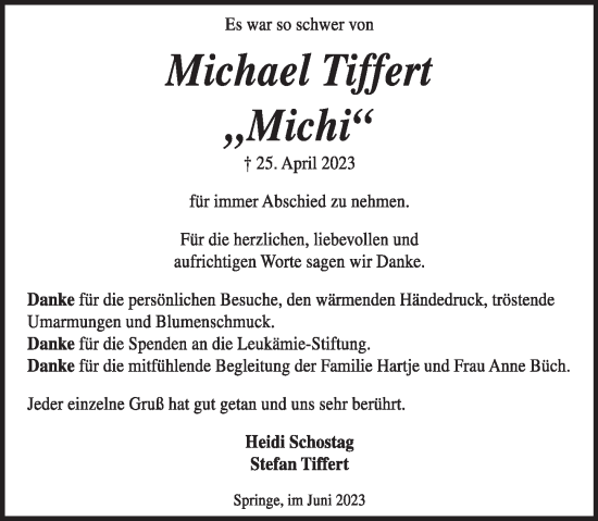 Traueranzeige von Michael Tiffert von Neue Deister-Zeitung