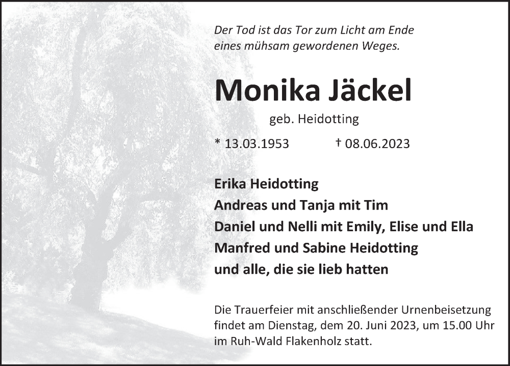  Traueranzeige für Monika Jäckel vom 17.06.2023 aus Deister- und Weserzeitung