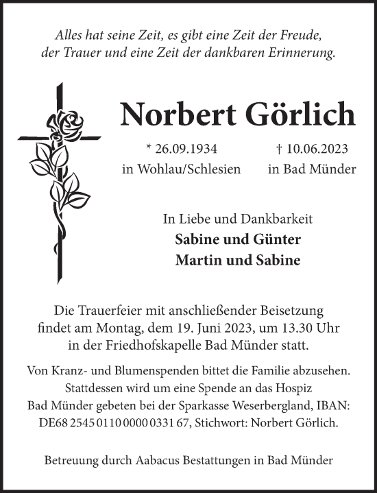 Traueranzeige von Norbert Görlich von Neue Deister-Zeitung