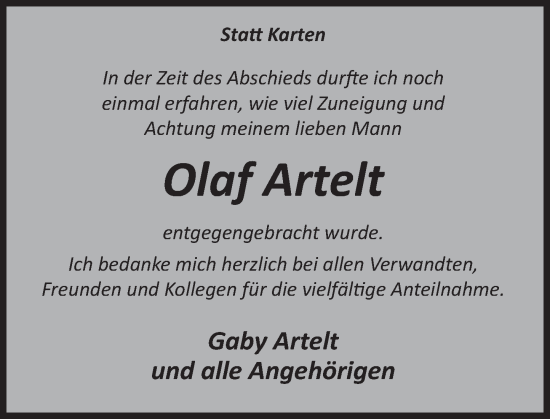 Traueranzeige von Olaf Artelt von Deister- und Weserzeitung