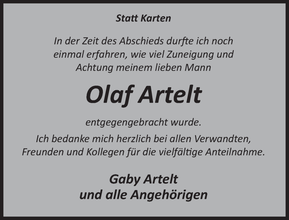  Traueranzeige für Olaf Artelt vom 27.05.2023 aus Deister- und Weserzeitung