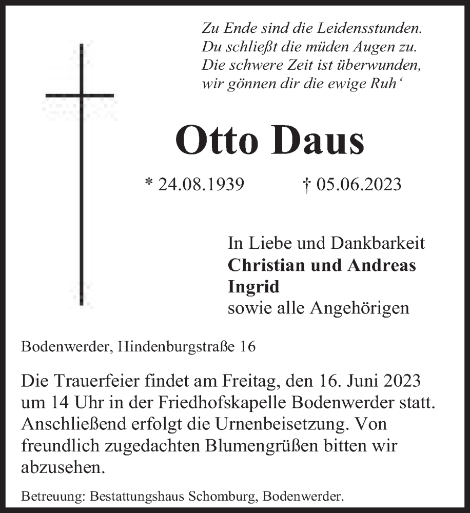  Traueranzeige für Otto Daus vom 10.06.2023 aus Deister- und Weserzeitung