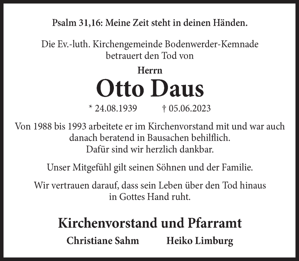  Traueranzeige für Otto Daus vom 10.06.2023 aus Deister- und Weserzeitung