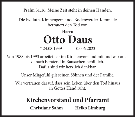 Traueranzeige von Otto Daus von Deister- und Weserzeitung
