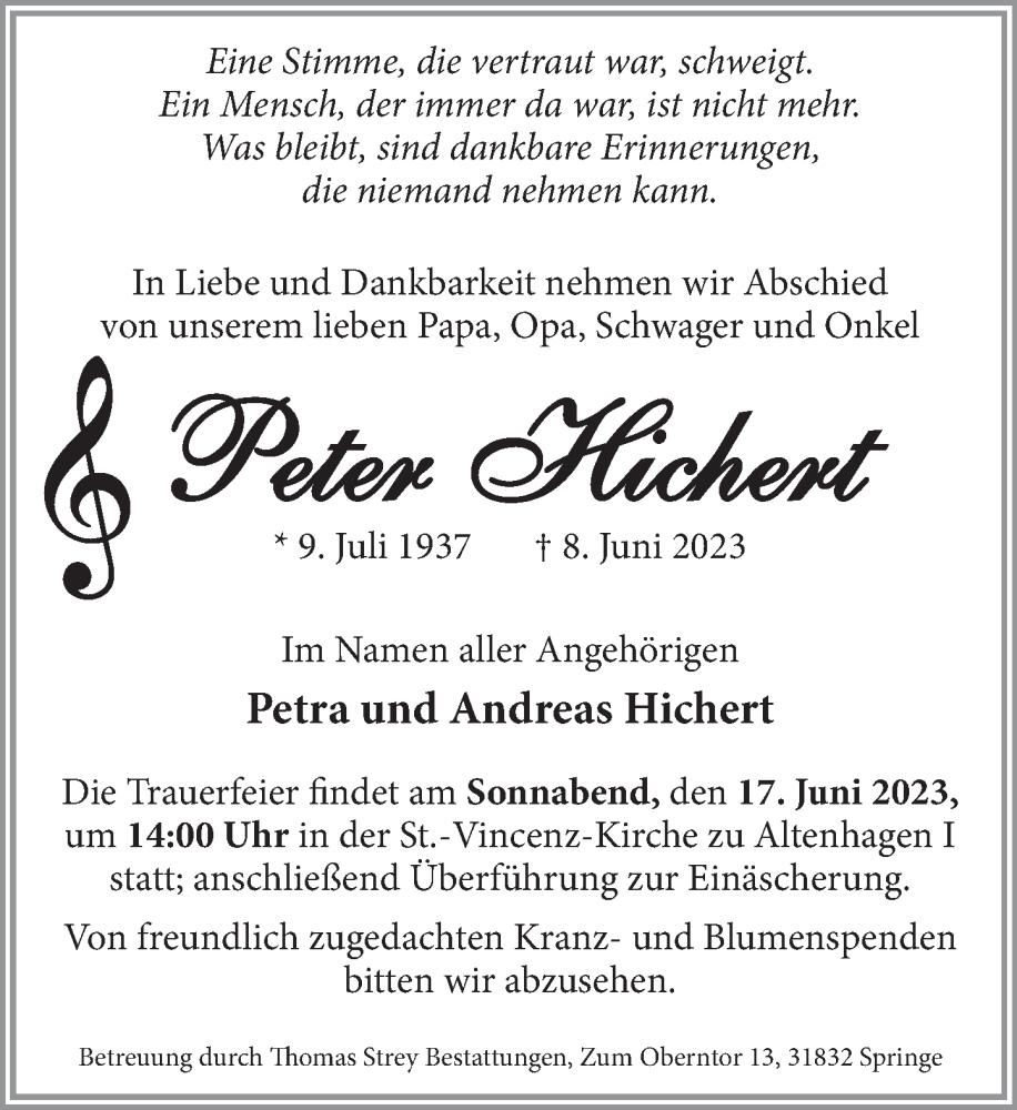  Traueranzeige für Peter Hichert vom 14.06.2023 aus Neue Deister-Zeitung