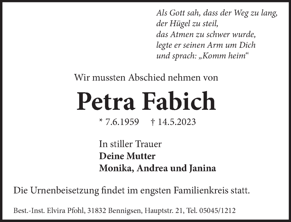  Traueranzeige für Petra Fabich vom 27.05.2023 aus Neue Deister-Zeitung