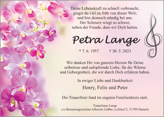 Traueranzeige von Petra Lange von Deister- und Weserzeitung