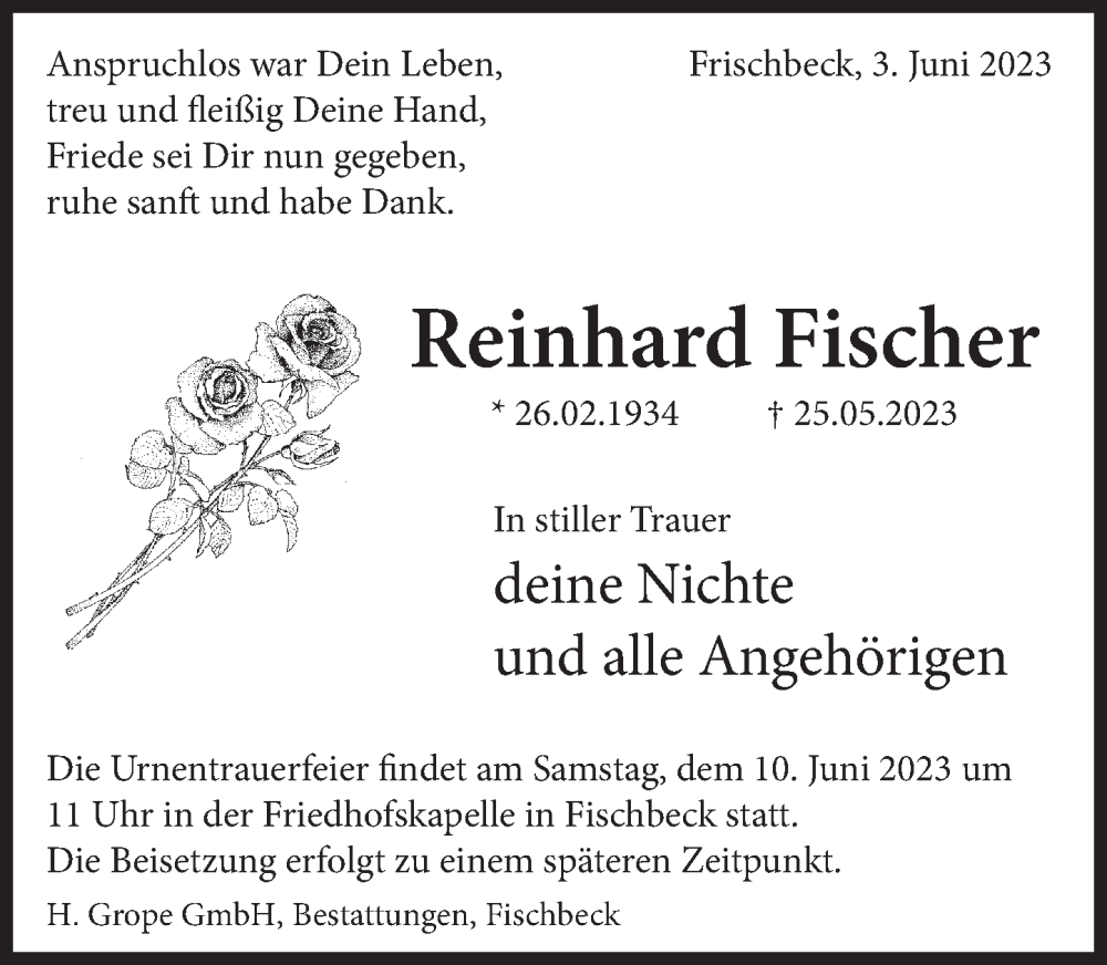  Traueranzeige für Reinhard Fischer vom 03.06.2023 aus Deister- und Weserzeitung