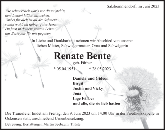 Traueranzeige von Renate Bente von Deister- und Weserzeitung