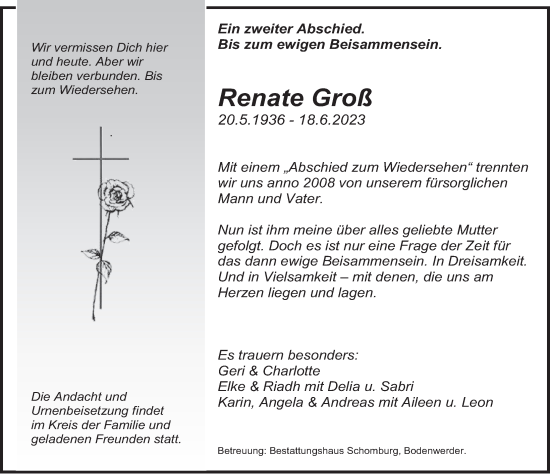Traueranzeige von Renate Groß von Deister- und Weserzeitung