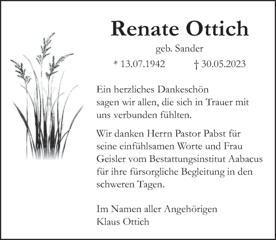 Traueranzeige von Renate Ottich von Deister- und Weserzeitung