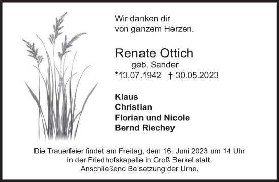 Traueranzeige von Renate Ottich von Deister- und Weserzeitung