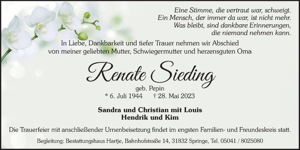  Traueranzeige für Renate Sieding vom 03.06.2023 aus Neue Deister-Zeitung