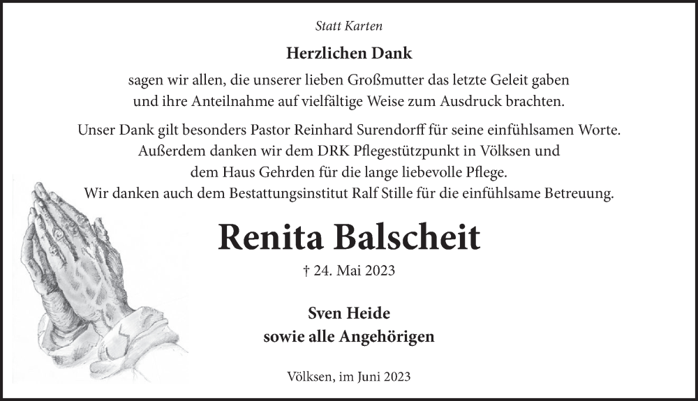  Traueranzeige für Renita Balscheit vom 17.06.2023 aus Neue Deister-Zeitung
