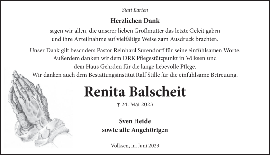 Traueranzeige von Renita Balscheit von Neue Deister-Zeitung