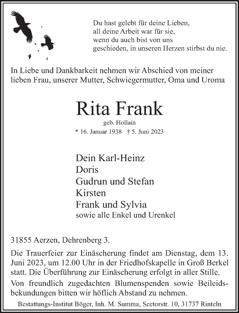  Traueranzeige für Rita Frank vom 10.06.2023 aus Deister- und Weserzeitung