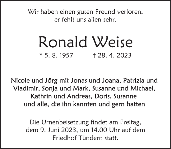 Traueranzeige von Ronald Weise von Deister- und Weserzeitung