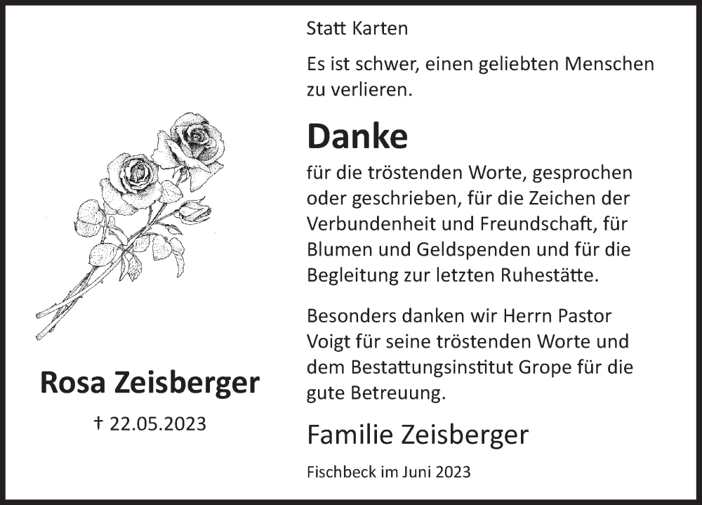 Traueranzeige für Rosa Zeisberger vom 03.06.2023 aus Deister- und Weserzeitung