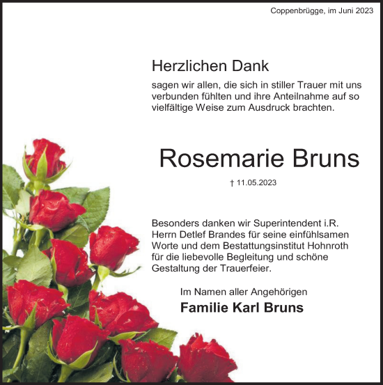 Traueranzeige von Rosemarie Bruns von Deister- und Weserzeitung