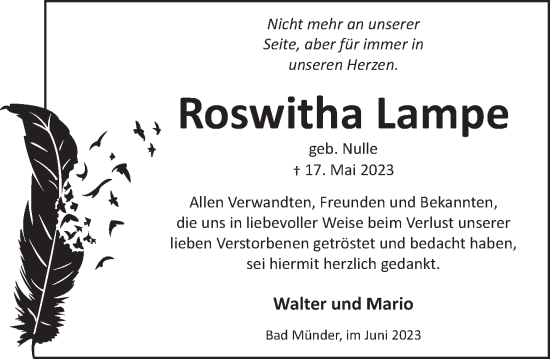 Traueranzeige von Roswitha Lampe von Neue Deister-Zeitung