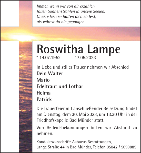 Traueranzeige von Roswitha Lampe von Neue Deister-Zeitung