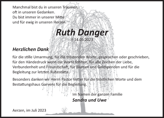 Traueranzeige von Ruth Danger von Deister- und Weserzeitung