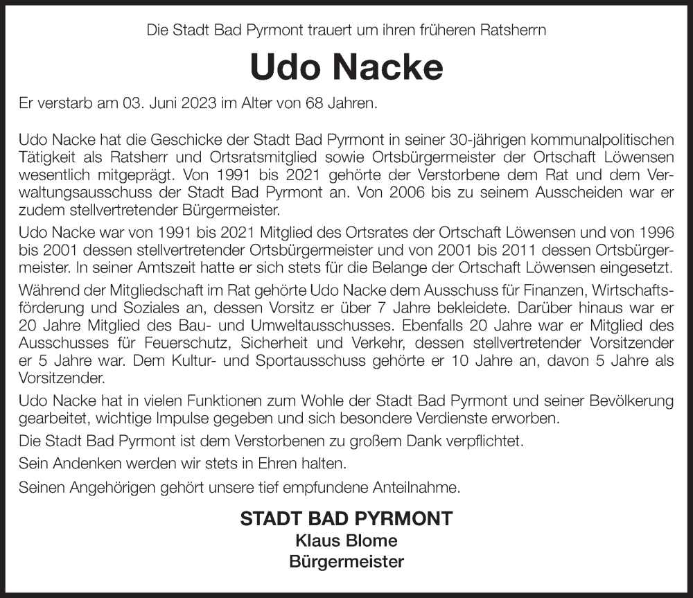  Traueranzeige für Udo Nacke vom 07.06.2023 aus Deister- und Weserzeitung