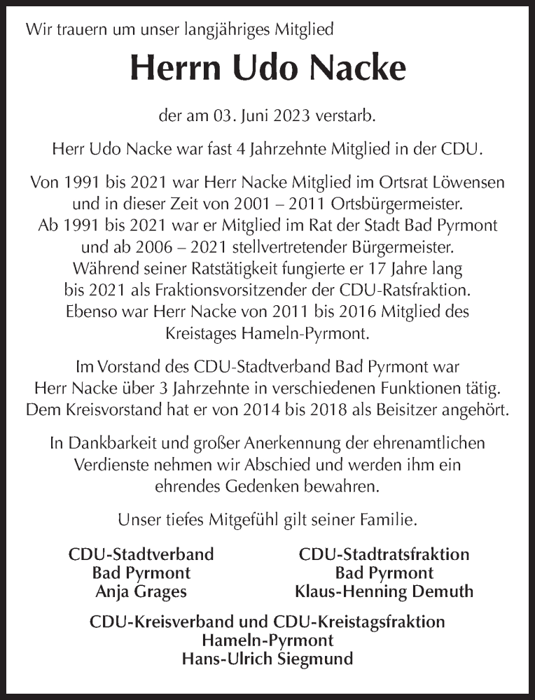  Traueranzeige für Udo Nacke vom 07.06.2023 aus Deister- und Weserzeitung