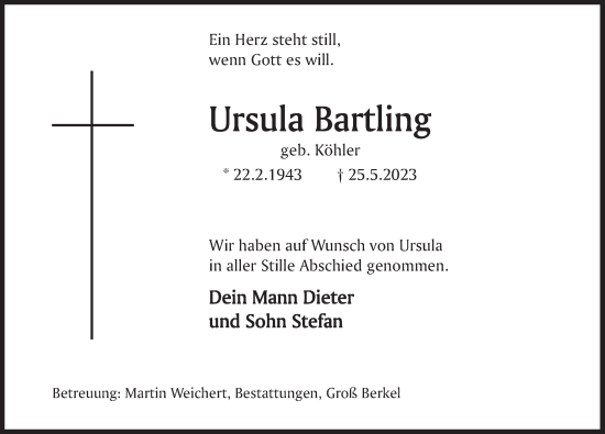 Traueranzeige von Ursula Bartling von Deister- und Weserzeitung