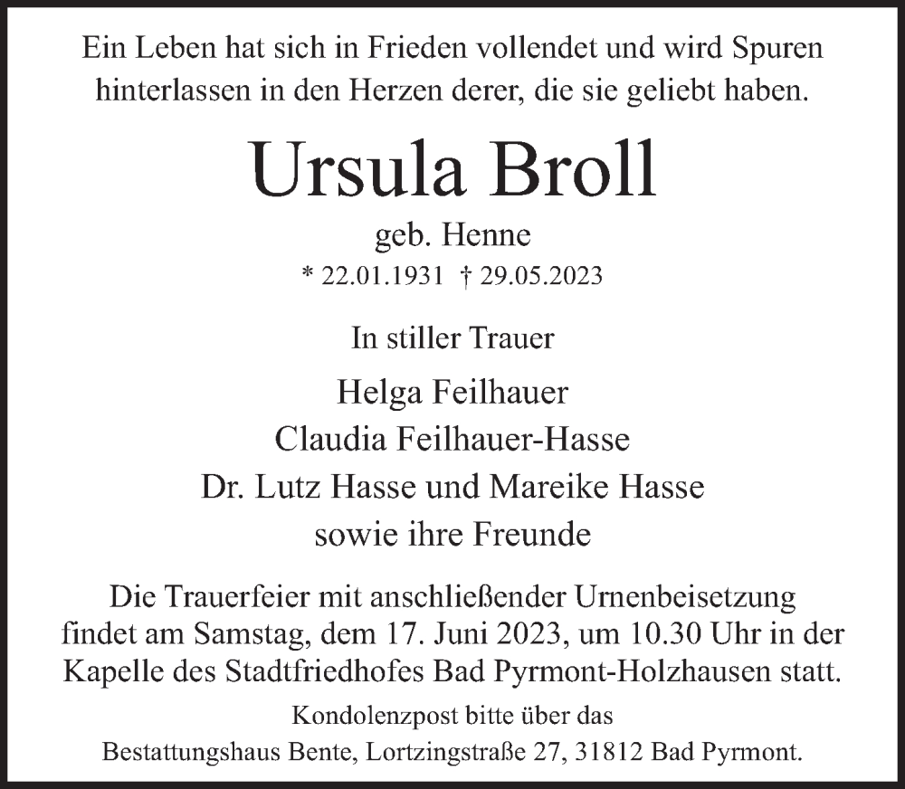  Traueranzeige für Ursula Broll vom 10.06.2023 aus Deister- und Weserzeitung