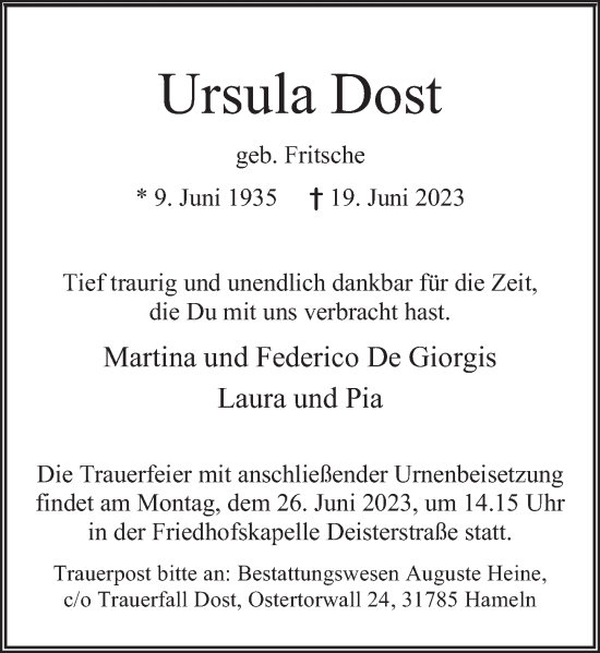 Traueranzeige von Ursula Dost von Deister- und Weserzeitung
