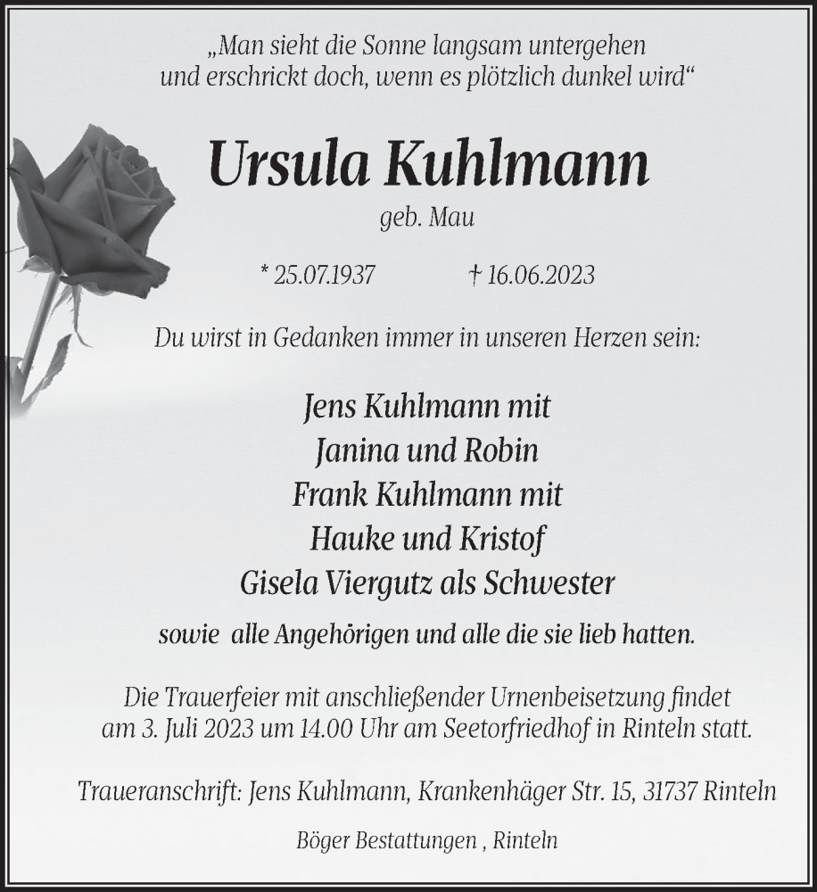  Traueranzeige für Ursula Kuhlmann vom 26.06.2023 aus Deister- und Weserzeitung