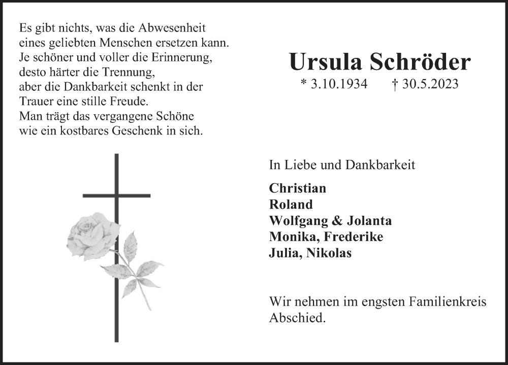  Traueranzeige für Ursula Schröder vom 03.06.2023 aus Deister- und Weserzeitung
