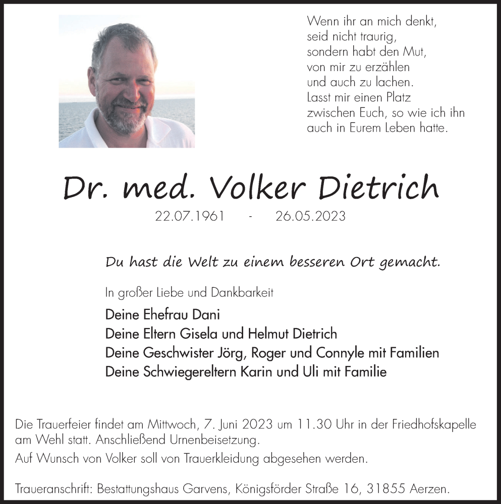  Traueranzeige für Volker Dietrich vom 03.06.2023 aus Deister- und Weserzeitung