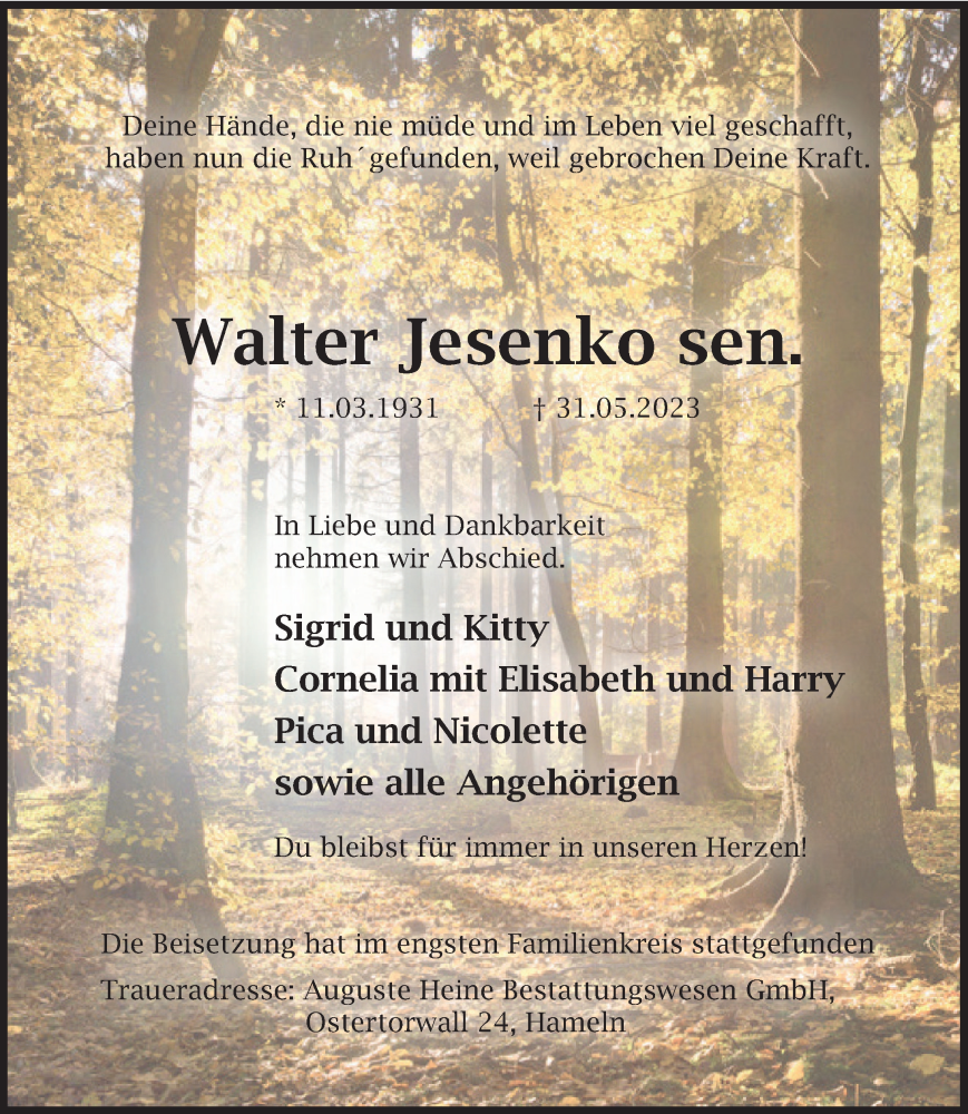  Traueranzeige für Walter Jesenko vom 10.06.2023 aus Deister- und Weserzeitung