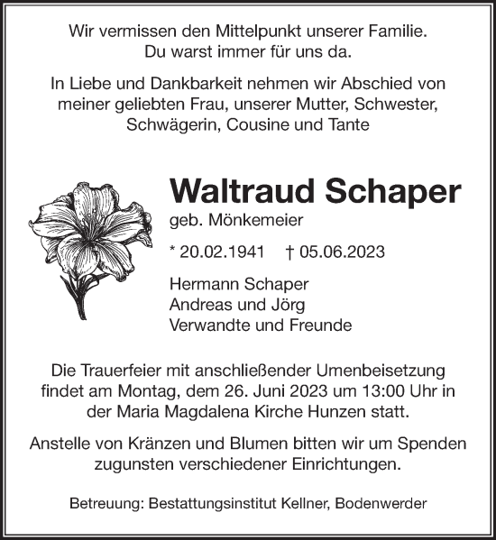 Traueranzeige von Waltraud Schaper von Deister- und Weserzeitung