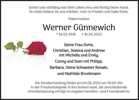 Traueranzeige von Werner Günnewich von Deister- und Weserzeitung