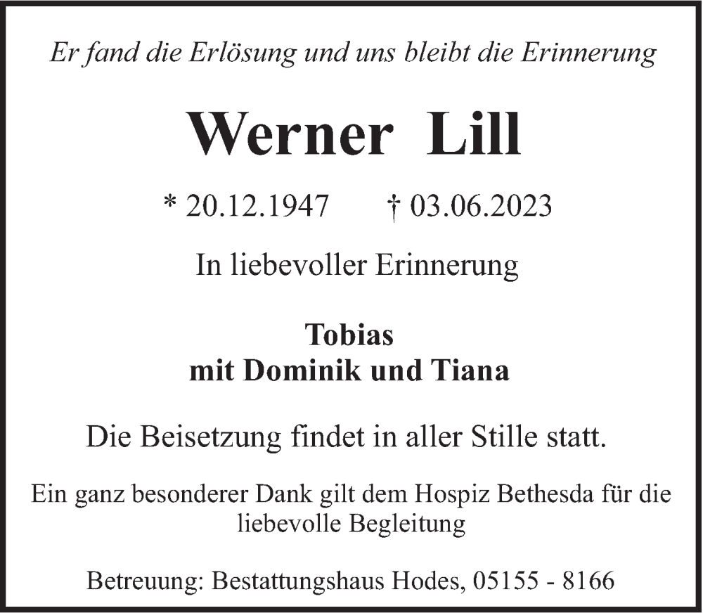  Traueranzeige für Werner Lill vom 10.06.2023 aus Deister- und Weserzeitung