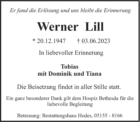 Traueranzeige von Werner Lill von Deister- und Weserzeitung