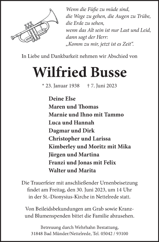 Traueranzeige von Wilfried Busse von Neue Deister-Zeitung