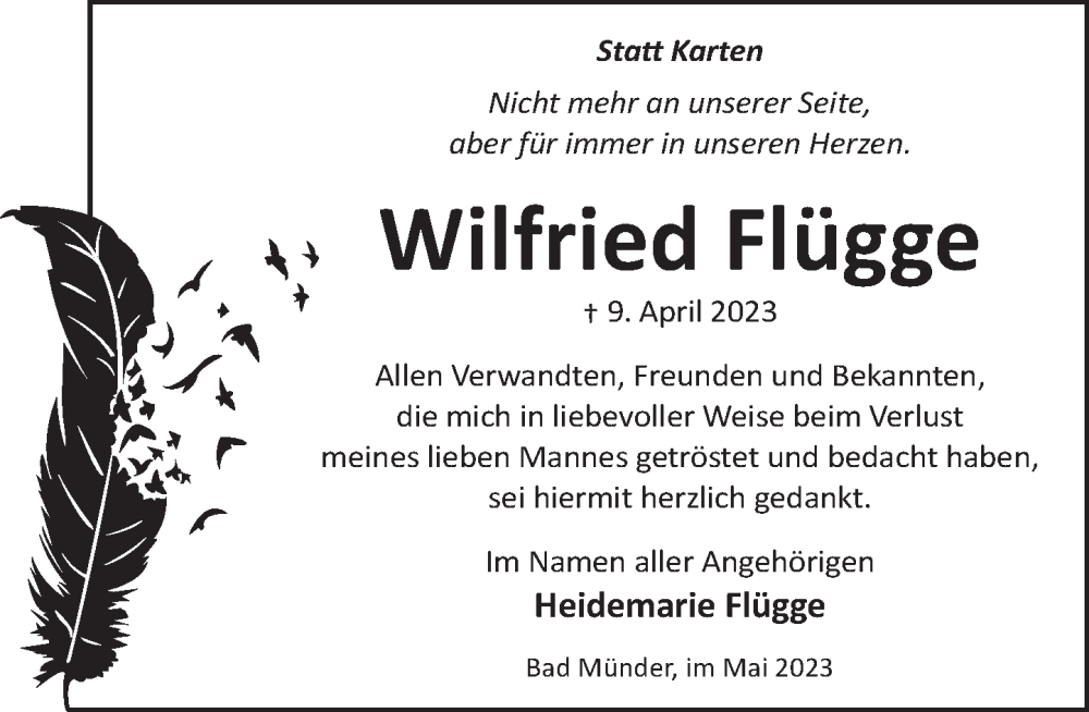  Traueranzeige für Wilfried Flügge vom 27.05.2023 aus Neue Deister-Zeitung