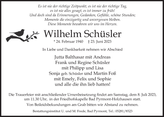 Traueranzeige von Wilhelm Schüsler von Deister- und Weserzeitung