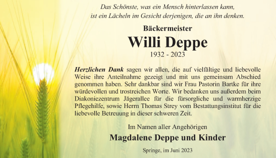 Traueranzeige von Willi Deppe von Neue Deister-Zeitung