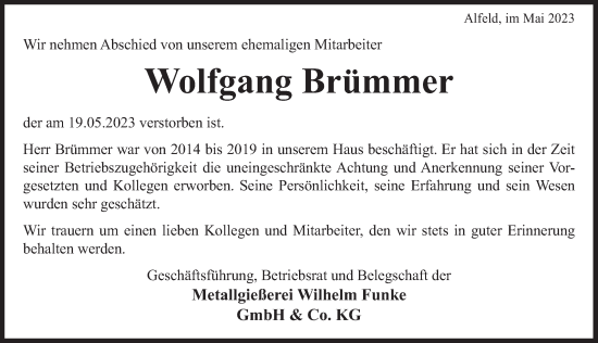 Traueranzeige von Wolfgang Brümmer von Deister- und Weserzeitung