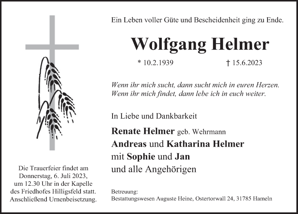  Traueranzeige für Wolfgang Helmer vom 23.06.2023 aus Deister- und Weserzeitung