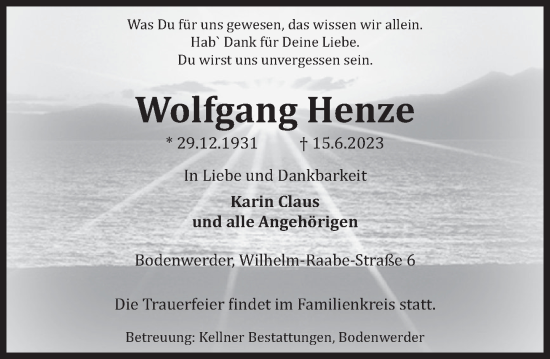 Traueranzeige von Wolfgang Henze von Deister- und Weserzeitung