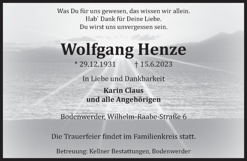  Traueranzeige für Wolfgang Henze vom 24.06.2023 aus Deister- und Weserzeitung