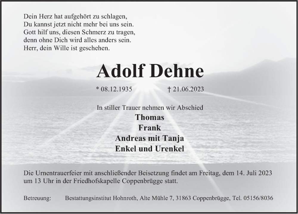  Traueranzeige für Adolf Dehne vom 01.07.2023 aus Deister- und Weserzeitung